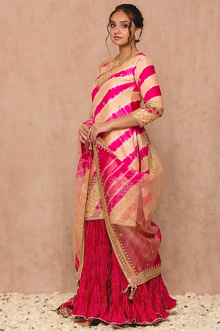 Peach Hot Pink Spun Wedding Sharara Set by SURBHI SHAH at Pernia's Pop Up Shop