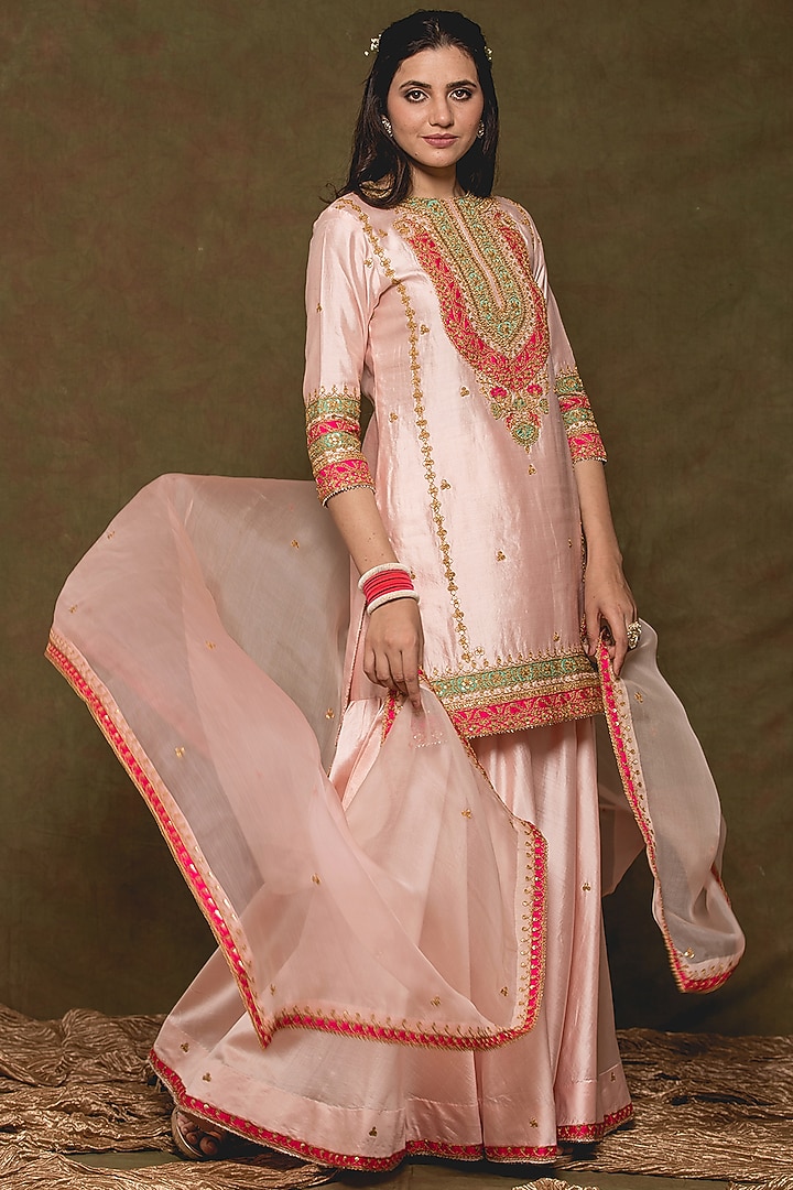 Baby Pink Pure Spun Silk Wedding Sharara Set by SURBHI SHAH at Pernia's Pop Up Shop