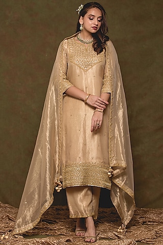 Gold Embroidered Kurta Set by SURBHI SHAH