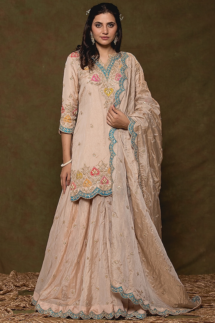 Dull Gold Pure Tissue Sharara Set by SURBHI SHAH