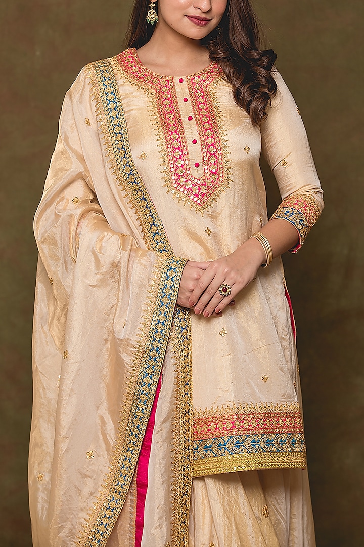 Light Gold Pure Tissue Wedding Sharara Set by SURBHI SHAH at Pernia's Pop Up Shop