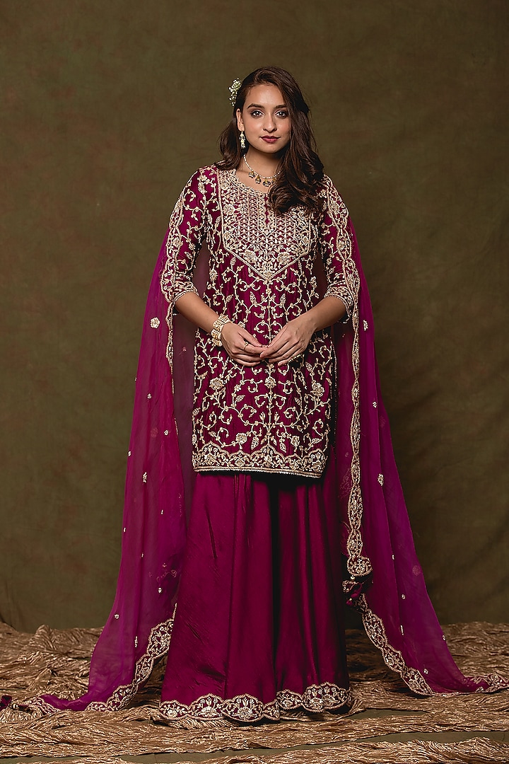Magenta Pure Spun Silk Wedding Sharara Set by SURBHI SHAH at Pernia's Pop Up Shop
