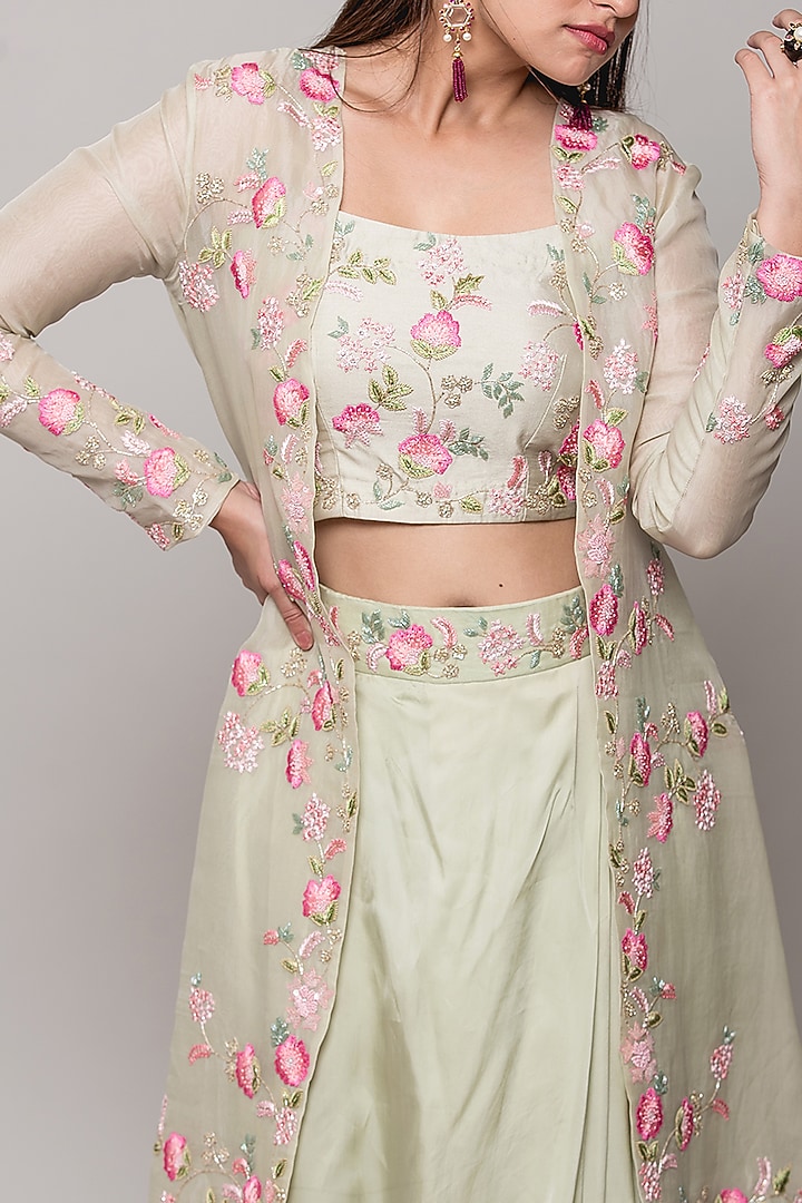 Pista Green Embroidered Jacket Set by SURBHI SHAH at Pernia's Pop Up Shop