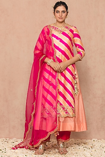 Peach Hot Pink Spun Wedding Anarkali Set by SURBHI SHAH at Pernia's Pop Up Shop