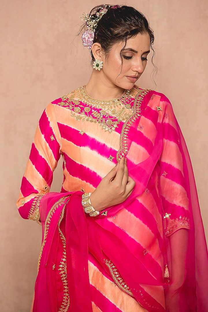 Peach Hot Pink Spun Wedding Anarkali Set by SURBHI SHAH at Pernia's Pop Up Shop