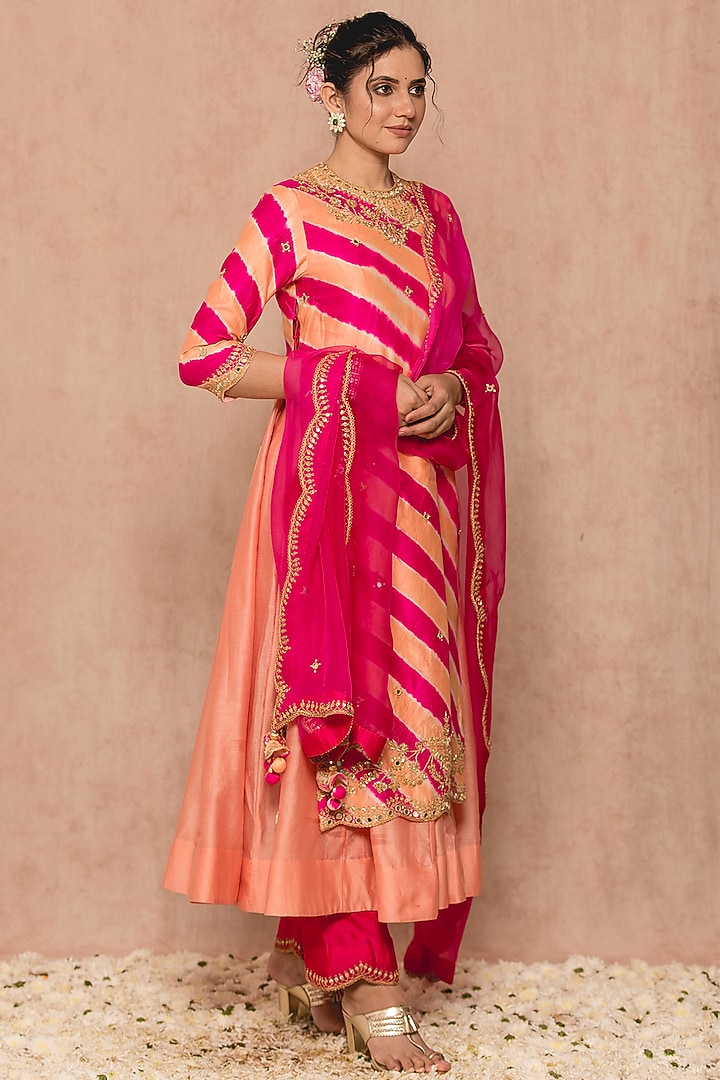 Peach Hot Pink Spun Wedding Anarkali Set by SURBHI SHAH at Pernia's Pop Up Shop