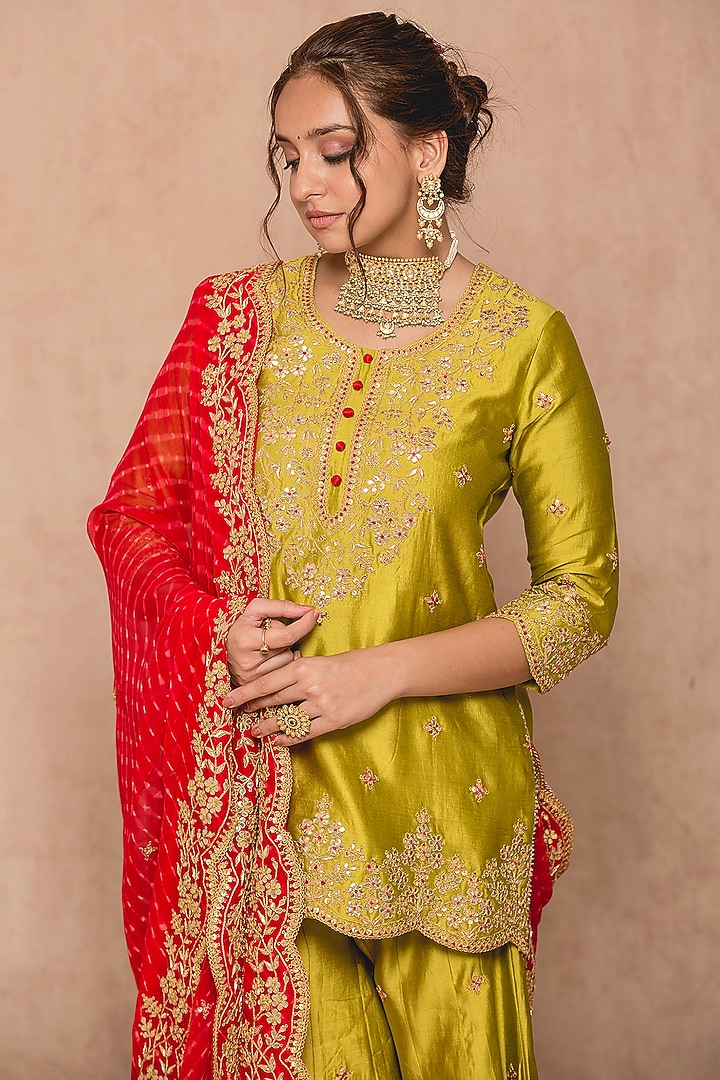Fresh Green Silk Wedding Sharara Set by SURBHI SHAH at Pernia's Pop Up Shop