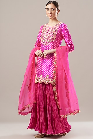Hot Pink Silk Skirt Set by SURBHI SHAH