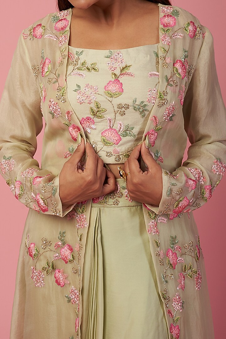 Pista Green Embroidered Jacket Set by SURBHI SHAH at Pernia's Pop Up Shop
