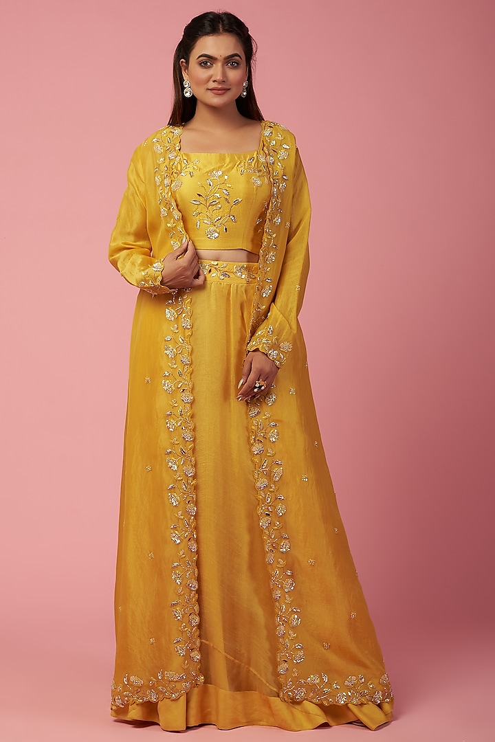 Deep Yellow Embroidered Jacket Set by SURBHI SHAH at Pernia's Pop Up Shop