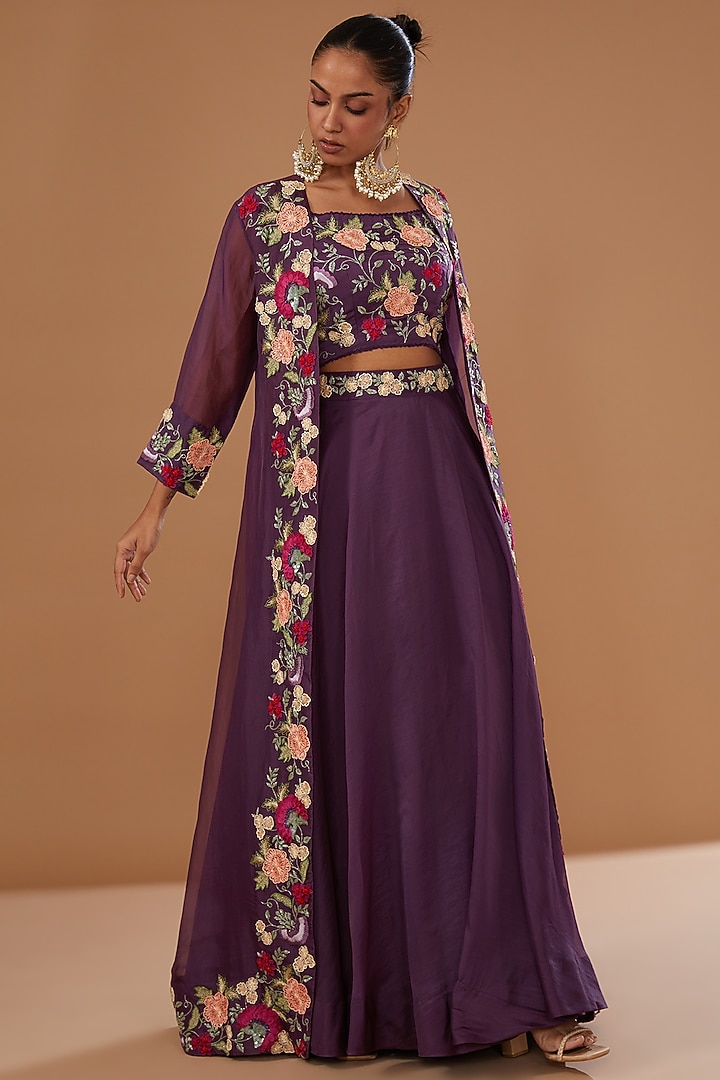 Falsa Purple Pure Organza Embroidered Jacket Set by SURBHI SHAH at Pernia's Pop Up Shop