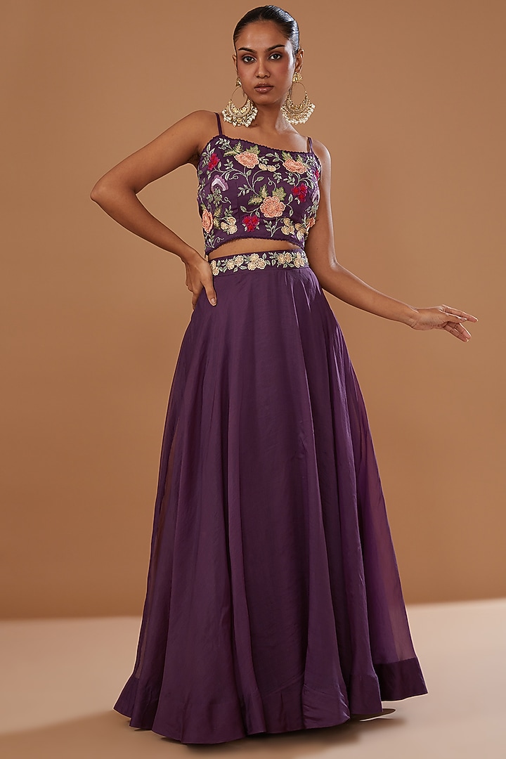 Falsa Purple Pure Organza Embroidered Jacket Set by SURBHI SHAH at Pernia's Pop Up Shop