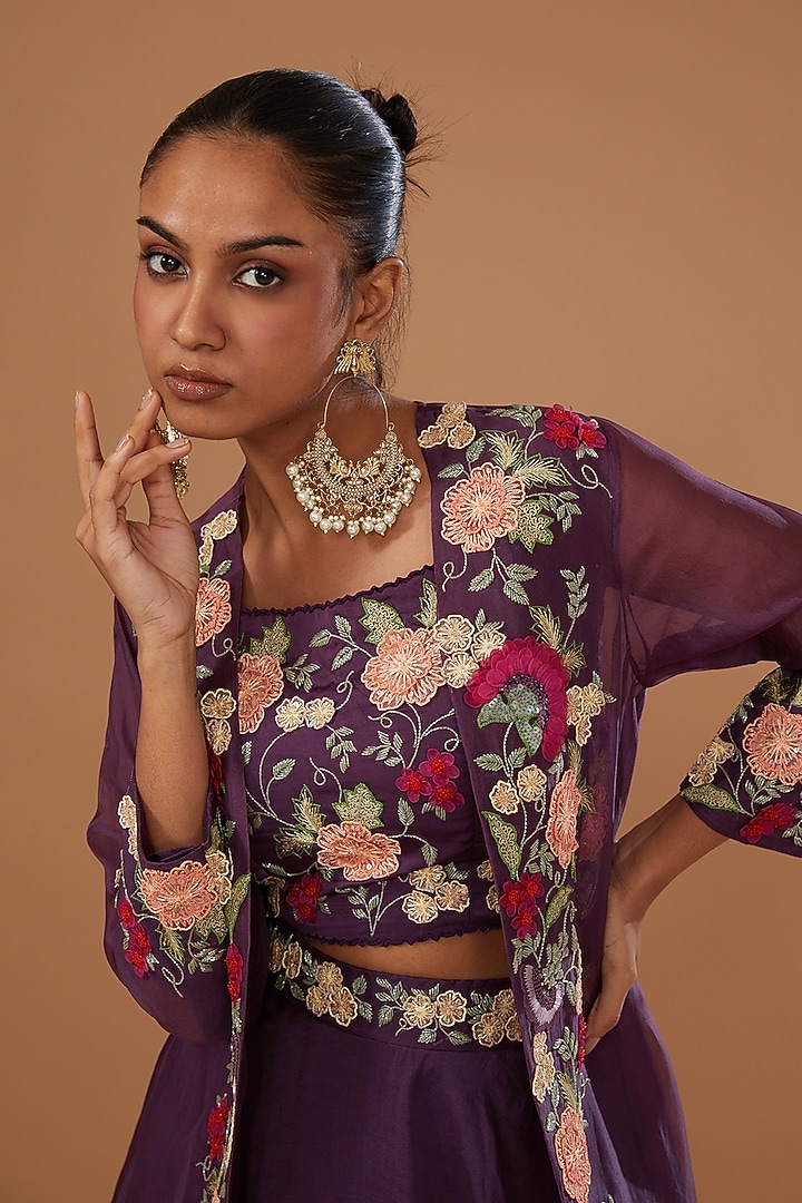 Falsa Purple Pure Organza Embroidered Jacket Set by SURBHI SHAH at Pernia's Pop Up Shop