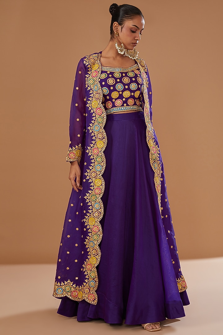 Purple Pure Organza Embroidered Jacket Set by SURBHI SHAH at Pernia's Pop Up Shop