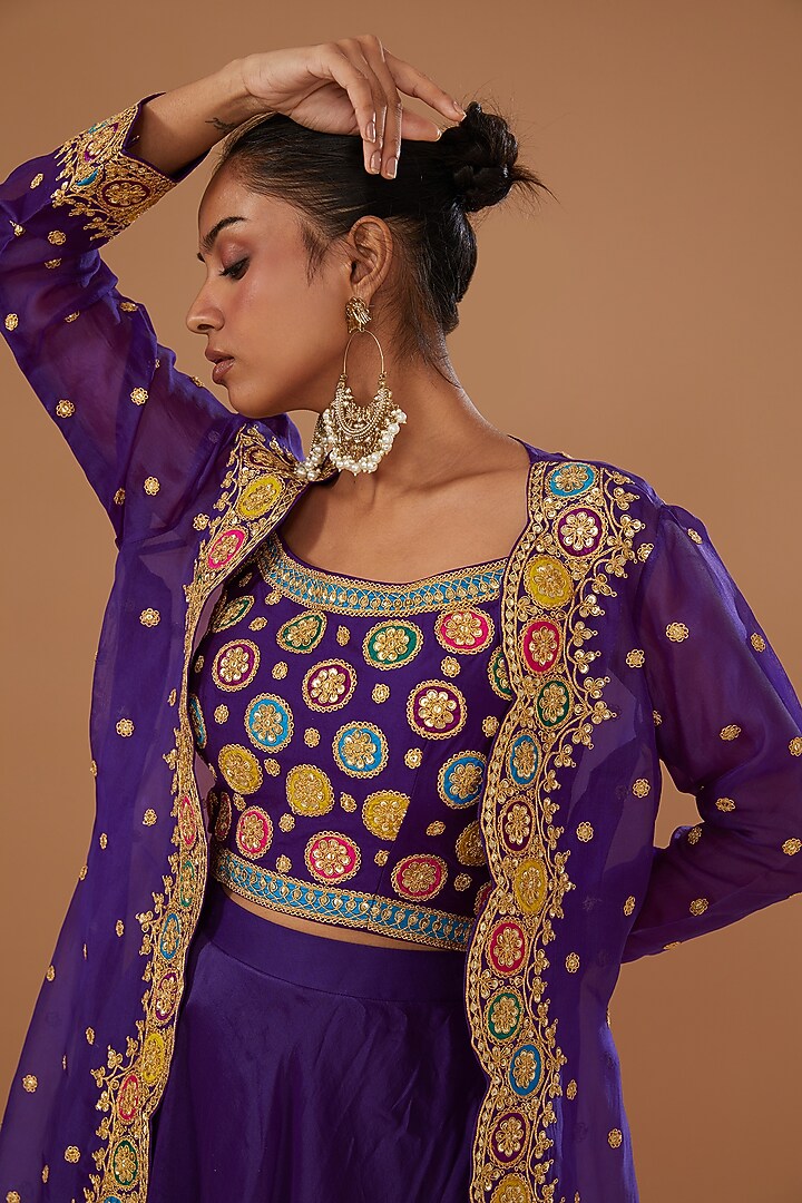 Purple Pure Organza Embroidered Jacket Set by SURBHI SHAH at Pernia's Pop Up Shop