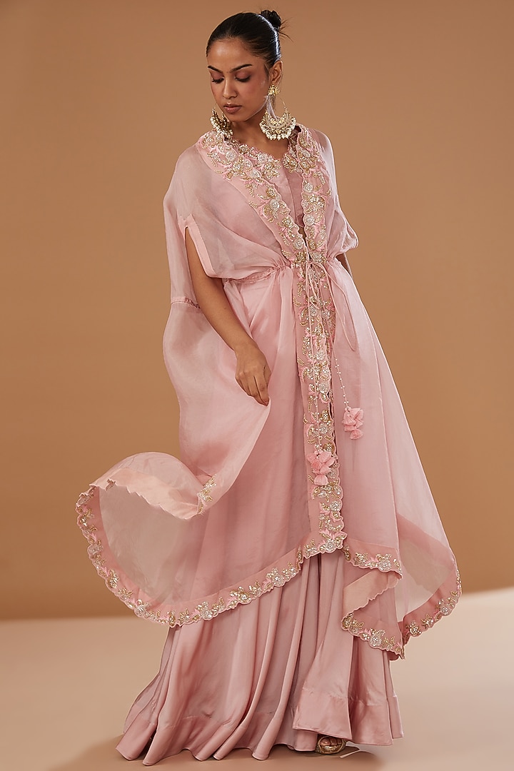 Pink Pure Organza Embroidered Cape Set by SURBHI SHAH at Pernia's Pop Up Shop
