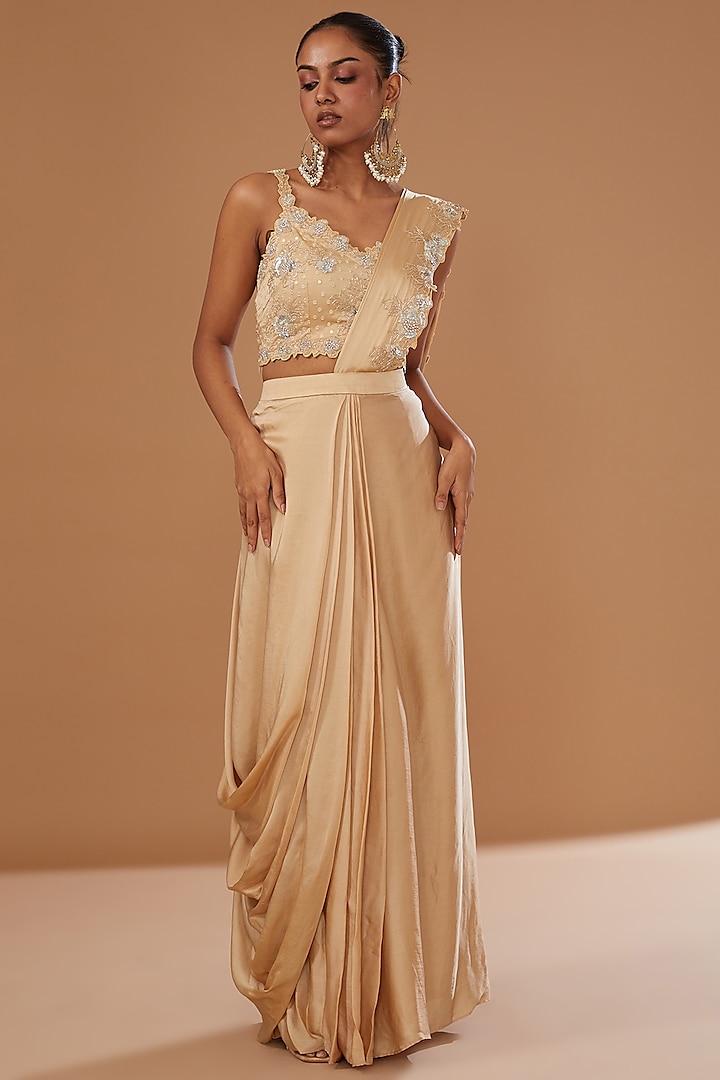 Beige Modal Satin Draped Skirt Set by SURBHI SHAH at Pernia's Pop Up Shop