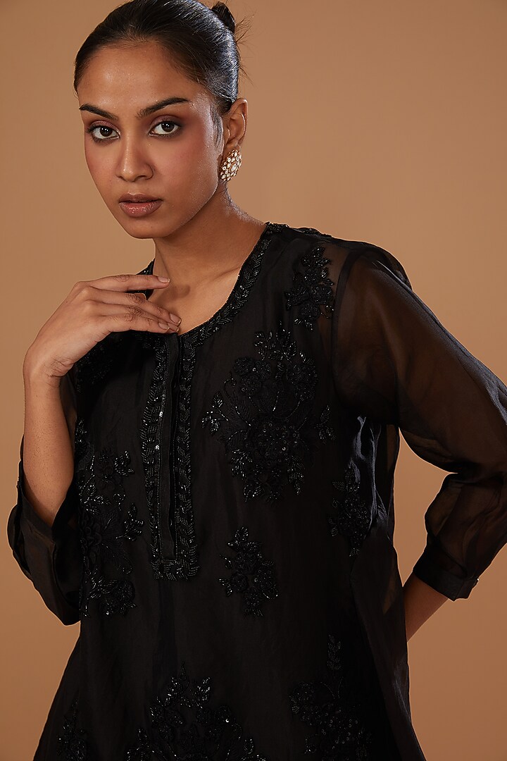 Black Pure Organza Embellished Tunic Set by SURBHI SHAH at Pernia's Pop Up Shop