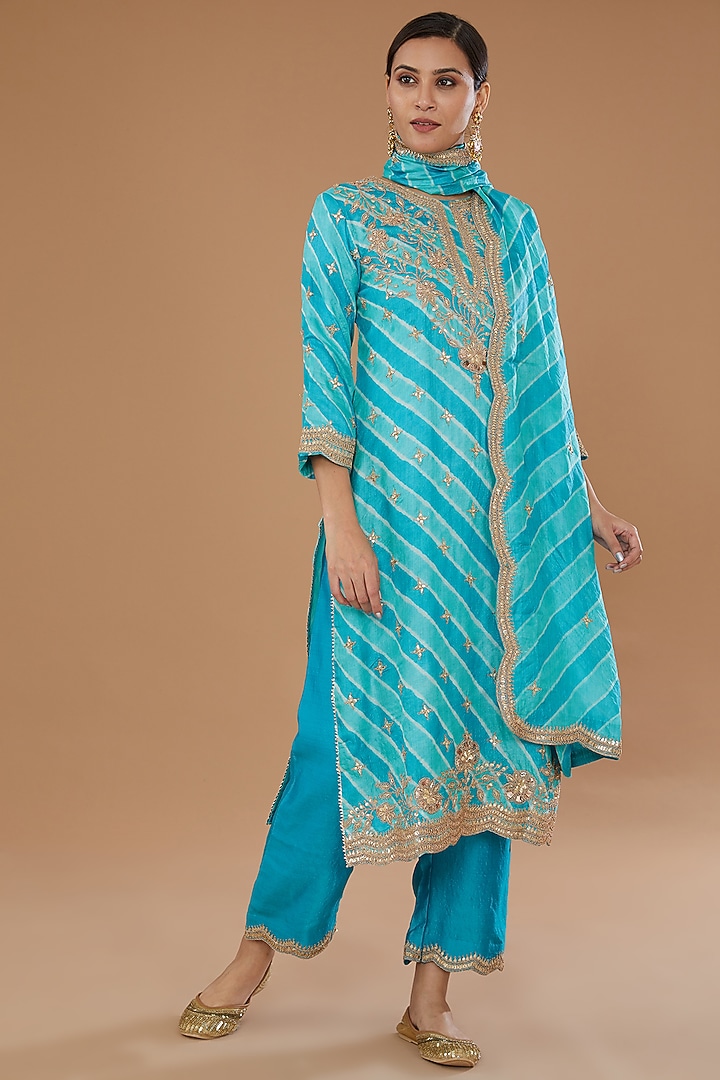 Blue Pure Kora Silk Embroidered Leheriya Kurta Set by SURBHI SHAH at Pernia's Pop Up Shop