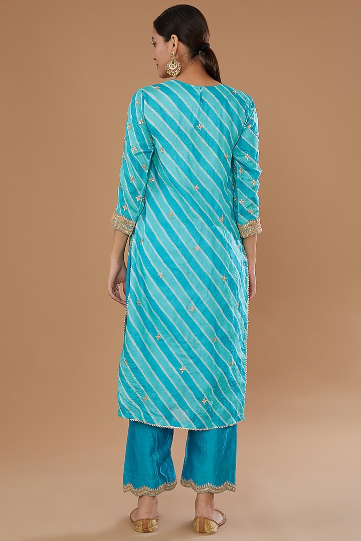 Blue Pure Kora Silk Embroidered Leheriya Kurta Set by SURBHI SHAH at Pernia's Pop Up Shop