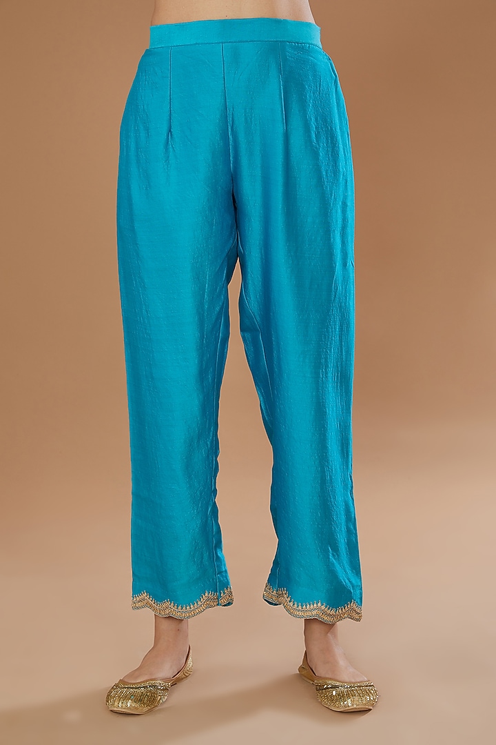 Blue Pure Kora Silk Embroidered Leheriya Kurta Set by SURBHI SHAH at Pernia's Pop Up Shop