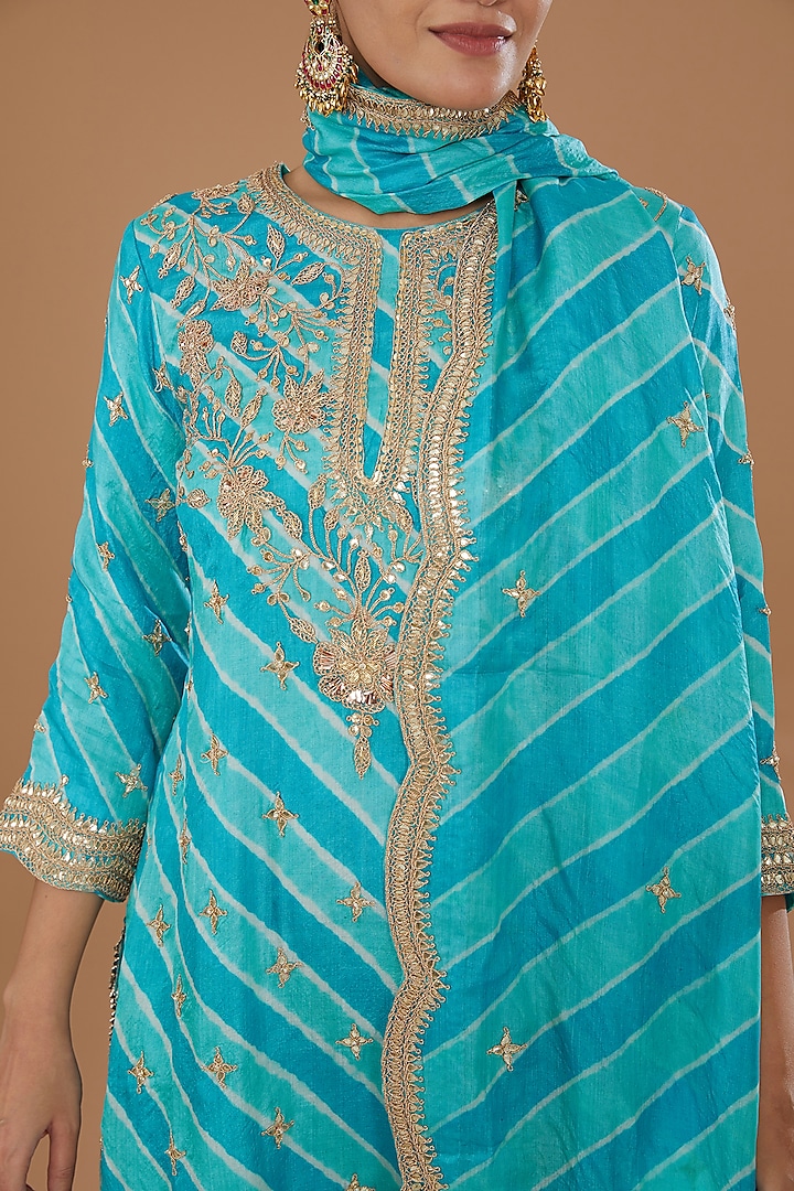 Blue Pure Kora Silk Embroidered Leheriya Kurta Set by SURBHI SHAH at Pernia's Pop Up Shop