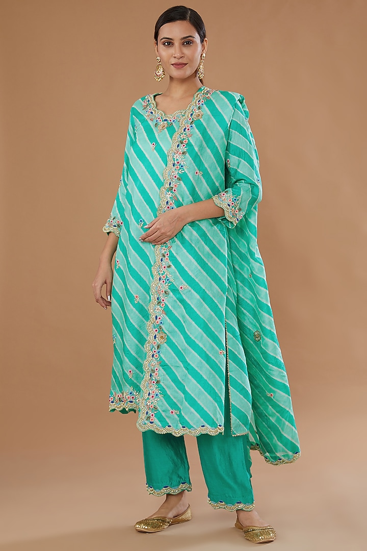 Sea Blue Pure Kora Silk Embroidered Leheriya Kurta Set by SURBHI SHAH at Pernia's Pop Up Shop