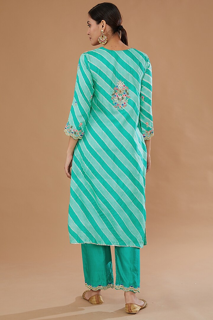 Sea Blue Pure Kora Silk Embroidered Leheriya Kurta Set by SURBHI SHAH at Pernia's Pop Up Shop