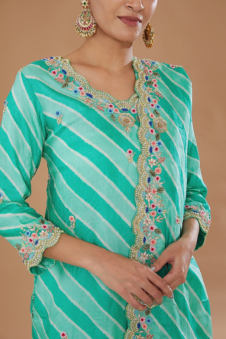 Sea Blue Pure Kora Silk Embroidered Leheriya Kurta Set by SURBHI SHAH at Pernia's Pop Up Shop