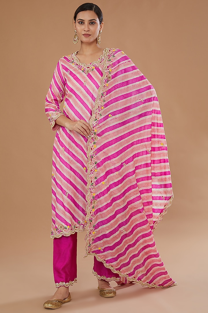 Pink Pure Kora Silk Embroidered Leheriya Kurta Set by SURBHI SHAH at Pernia's Pop Up Shop