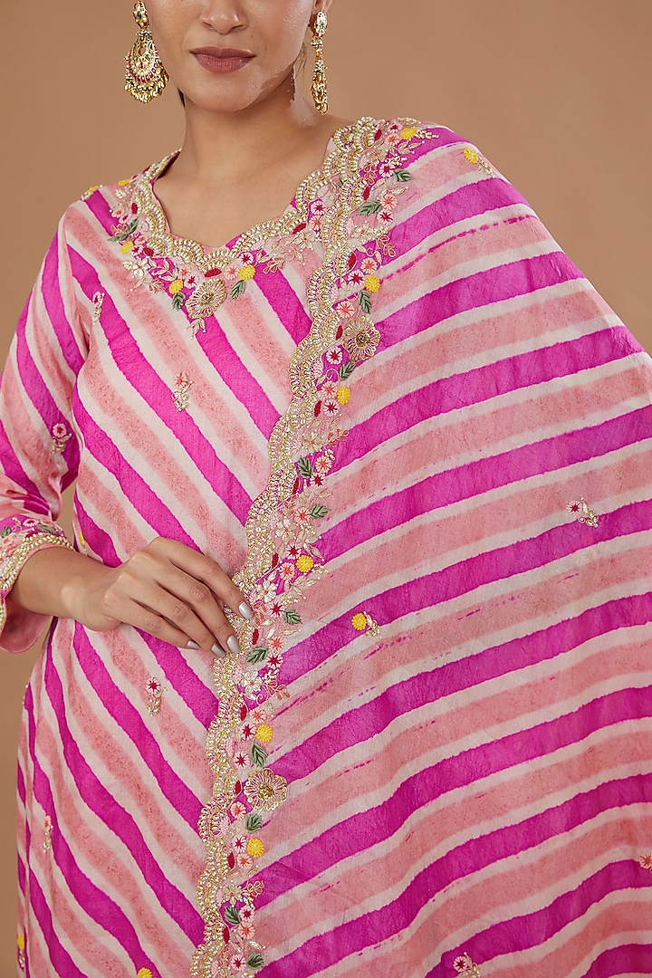 Pink Pure Kora Silk Embroidered Leheriya Kurta Set by SURBHI SHAH at Pernia's Pop Up Shop