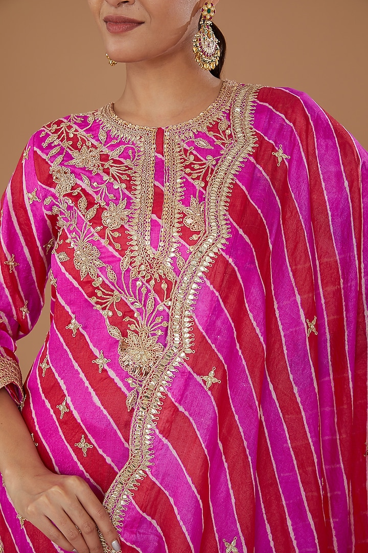 Rani Pink Pure Kora Silk Embroidered Leheriya Kurta Set by SURBHI SHAH at Pernia's Pop Up Shop