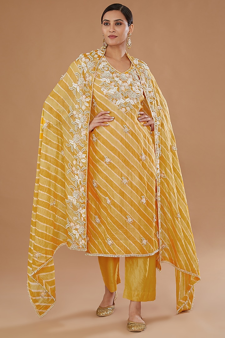 Yellow Pure Kora Silk Embroidered Leheriya Kurta Set by SURBHI SHAH at Pernia's Pop Up Shop