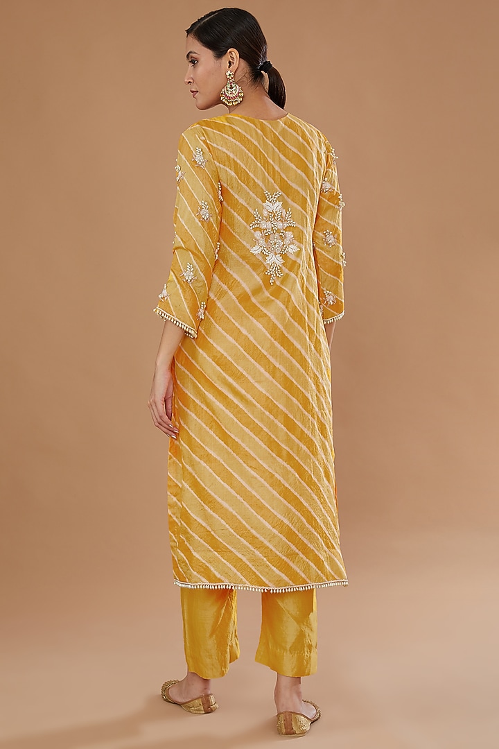 Yellow Pure Kora Silk Embroidered Leheriya Kurta Set by SURBHI SHAH at Pernia's Pop Up Shop