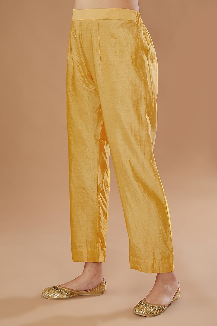 Yellow Pure Kora Silk Embroidered Leheriya Kurta Set by SURBHI SHAH at Pernia's Pop Up Shop