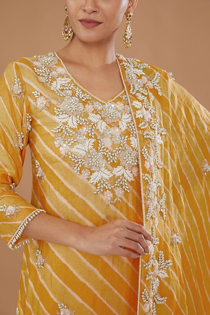 Yellow Pure Kora Silk Embroidered Leheriya Kurta Set by SURBHI SHAH at Pernia's Pop Up Shop