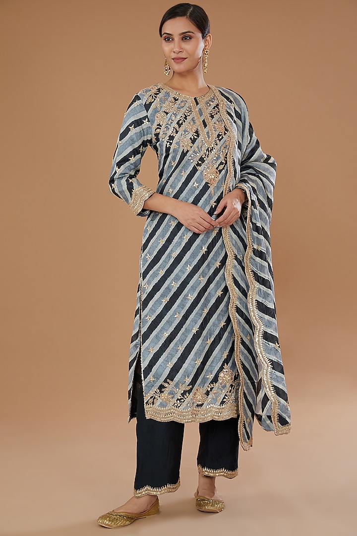 Black Pure Kora Silk Embroidered Leheriya Kurta Set by SURBHI SHAH at Pernia's Pop Up Shop