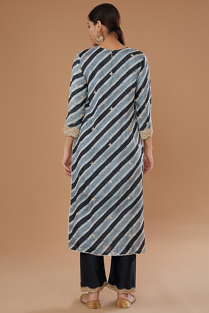 Black Pure Kora Silk Embroidered Leheriya Kurta Set by SURBHI SHAH at Pernia's Pop Up Shop