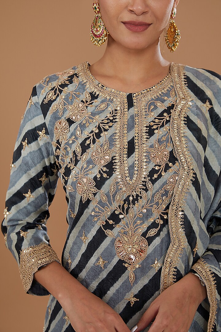 Black Pure Kora Silk Embroidered Leheriya Kurta Set by SURBHI SHAH at Pernia's Pop Up Shop