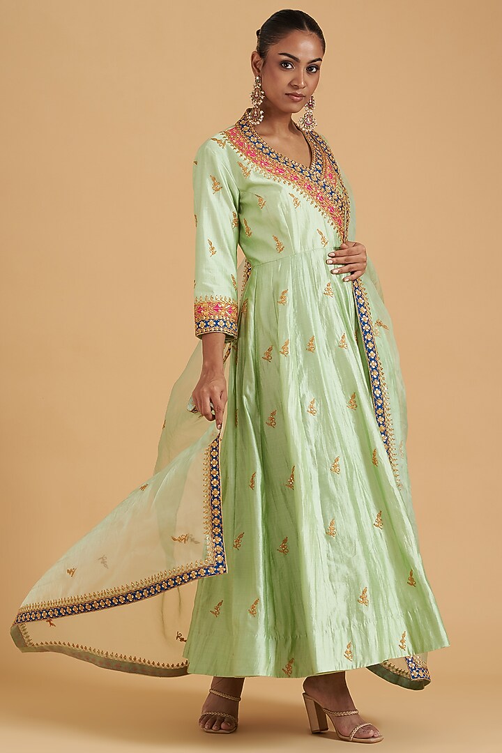 Powder Green Pure Spun Silk Hand Embroidered Angrakha Kurta Set by SURBHI SHAH at Pernia's Pop Up Shop