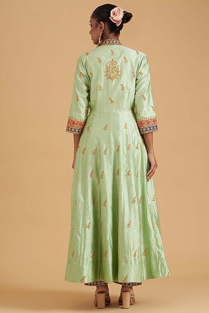 Powder Green Pure Spun Silk Hand Embroidered Angrakha Kurta Set by SURBHI SHAH at Pernia's Pop Up Shop