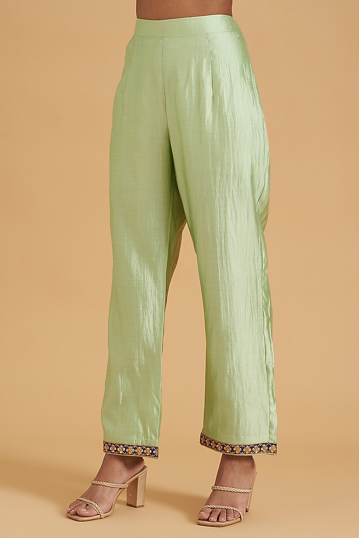 Powder Green Pure Spun Silk Hand Embroidered Angrakha Kurta Set by SURBHI SHAH at Pernia's Pop Up Shop