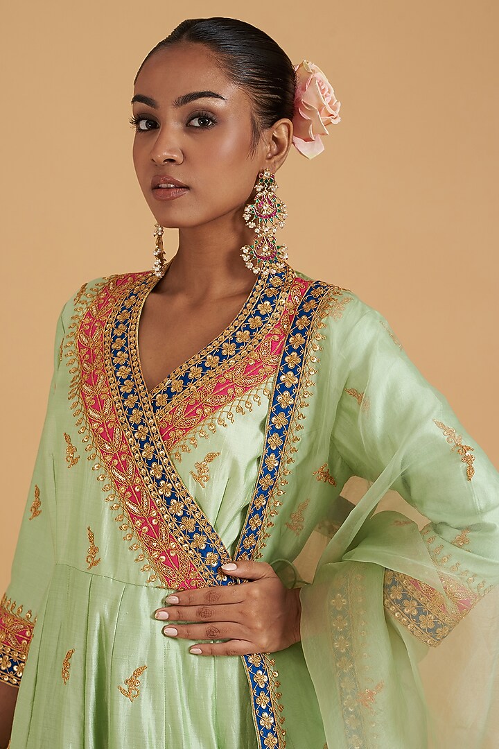 Powder Green Pure Spun Silk Hand Embroidered Angrakha Kurta Set by SURBHI SHAH at Pernia's Pop Up Shop