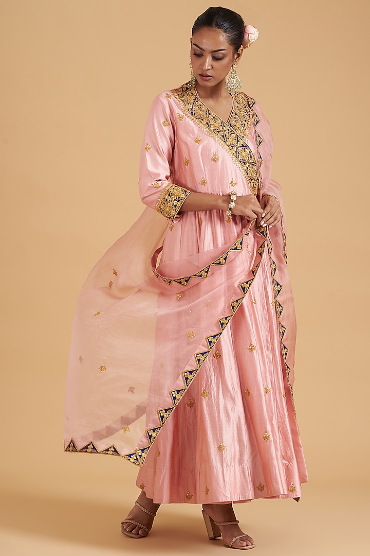 Rose Gold Pure Spun Silk Hand Embroidered Angrakha Kurta Set by SURBHI SHAH at Pernia's Pop Up Shop