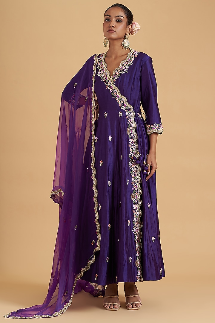 Purple Pure Spun Silk Hand Embroidered Angrakha Kurta Set by SURBHI SHAH at Pernia's Pop Up Shop