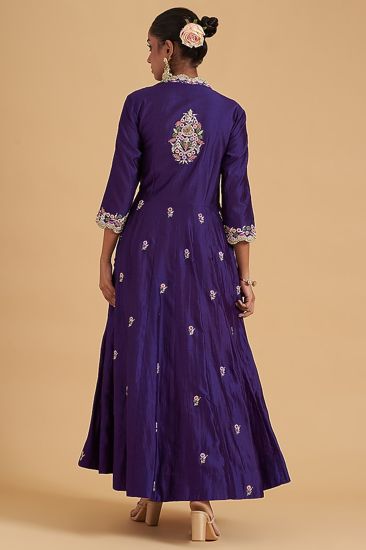 Purple Pure Spun Silk Hand Embroidered Angrakha Kurta Set by SURBHI SHAH at Pernia's Pop Up Shop