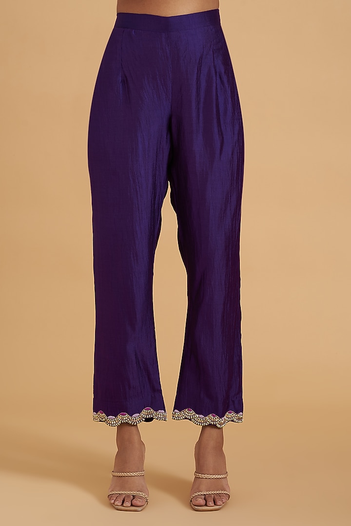 Purple Pure Spun Silk Hand Embroidered Angrakha Kurta Set by SURBHI SHAH at Pernia's Pop Up Shop