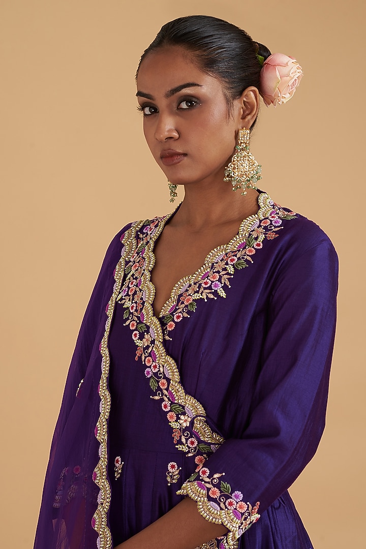 Purple Pure Spun Silk Hand Embroidered Angrakha Kurta Set by SURBHI SHAH at Pernia's Pop Up Shop