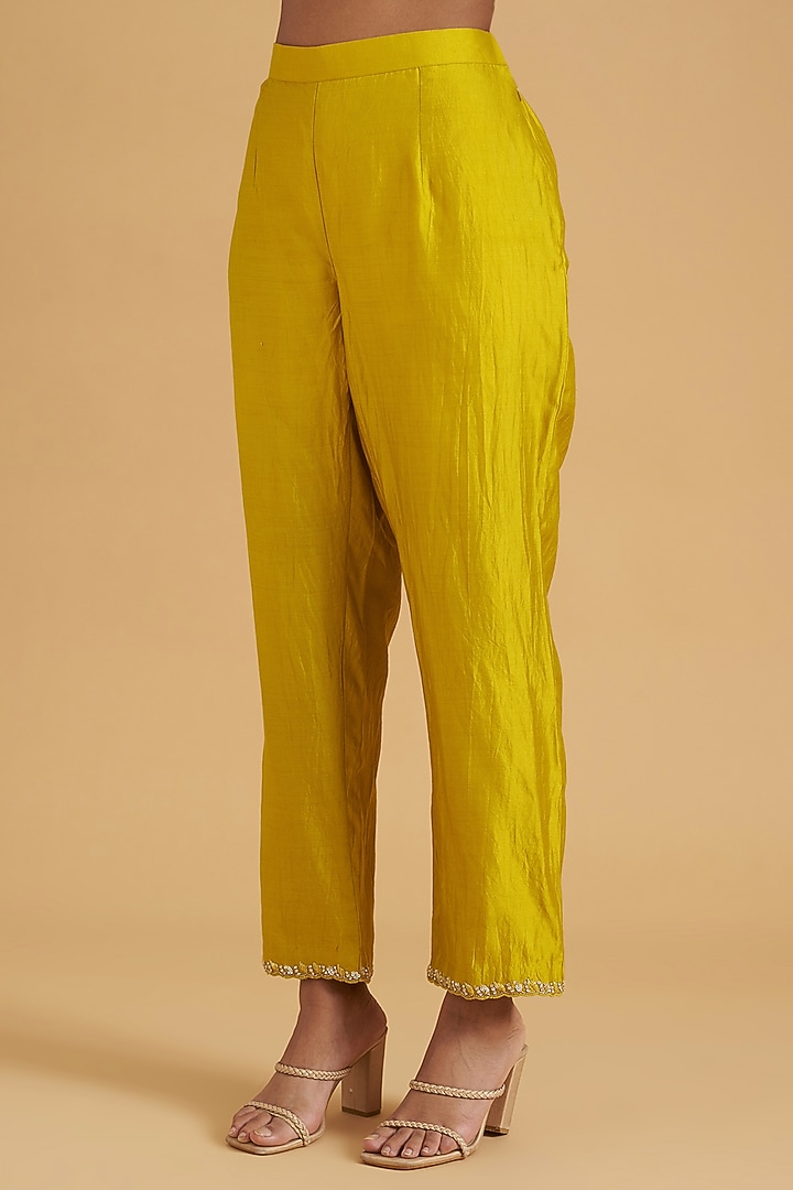 Greenish Yellow Pure Spun Silk Hand Embroidered Angrakha Kurta Set by SURBHI SHAH at Pernia's Pop Up Shop