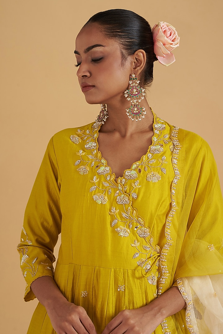 Greenish Yellow Pure Spun Silk Hand Embroidered Angrakha Kurta Set by SURBHI SHAH at Pernia's Pop Up Shop